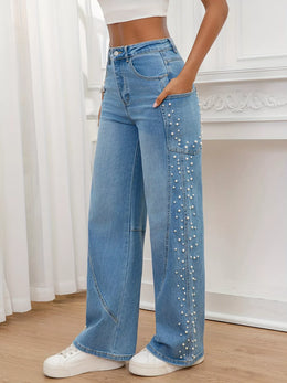 Pearl Embellished Wide-Leg Jeans | Forever 40