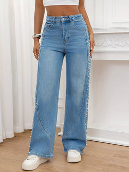 Pearl Embellished Wide-Leg Jeans | Forever 40