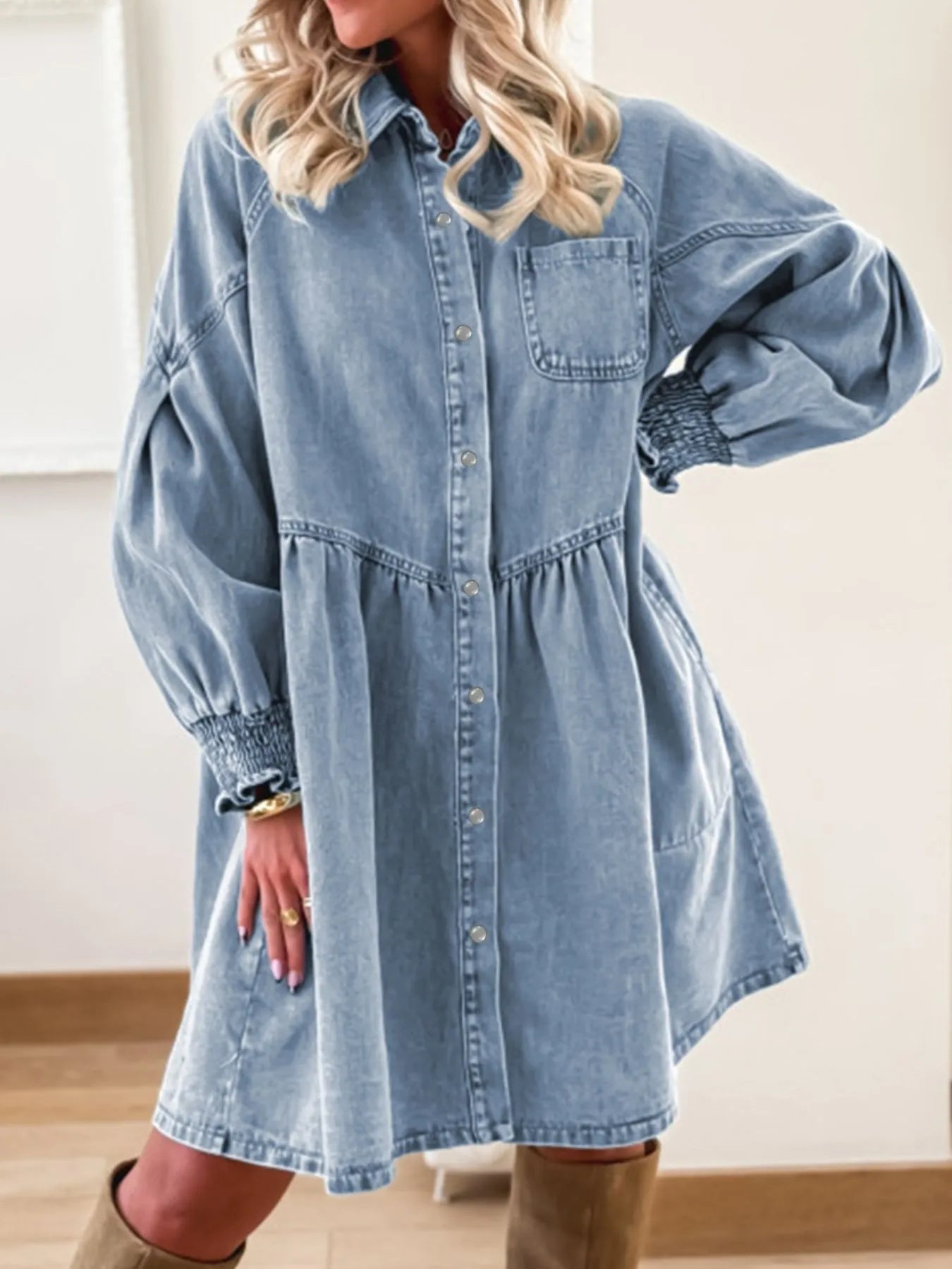 Denim Shirt Dress Smocked Cuffs | Forever 40