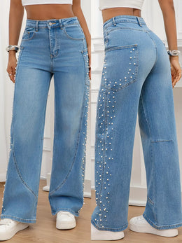 Pearl Embellished Wide-Leg Jeans | Forever 40