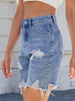 Distressed Raw Hem Denim Shorts | Forever 40